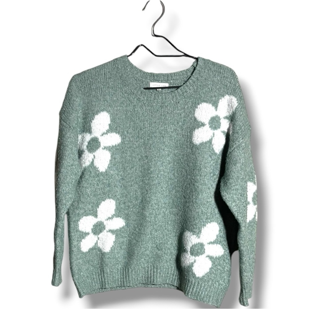 Little Lies M/L Mint Green with White Floral Crewneck Sweater Soft Intarsia Knit - Picture 14 of 16